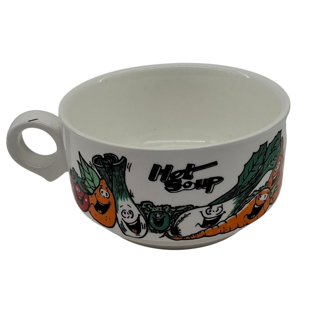 Vtg Giftco "Hot Soup" Mug Cup Bowl Anthropomorphic Vegetables Kitsch 1970s Retro
